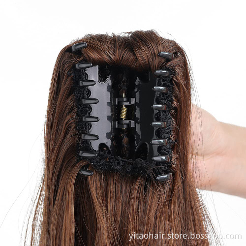Long Wavy Light Brown Ponytail Claw Hair 24 Inch Long Wave Ponytail Extension Synthetic Wrap Around Drawstring Hair with 1Clips